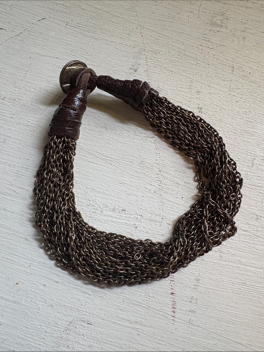 Multi-Strand Chain Bracelet with Dark Brown Wrap and Button closure